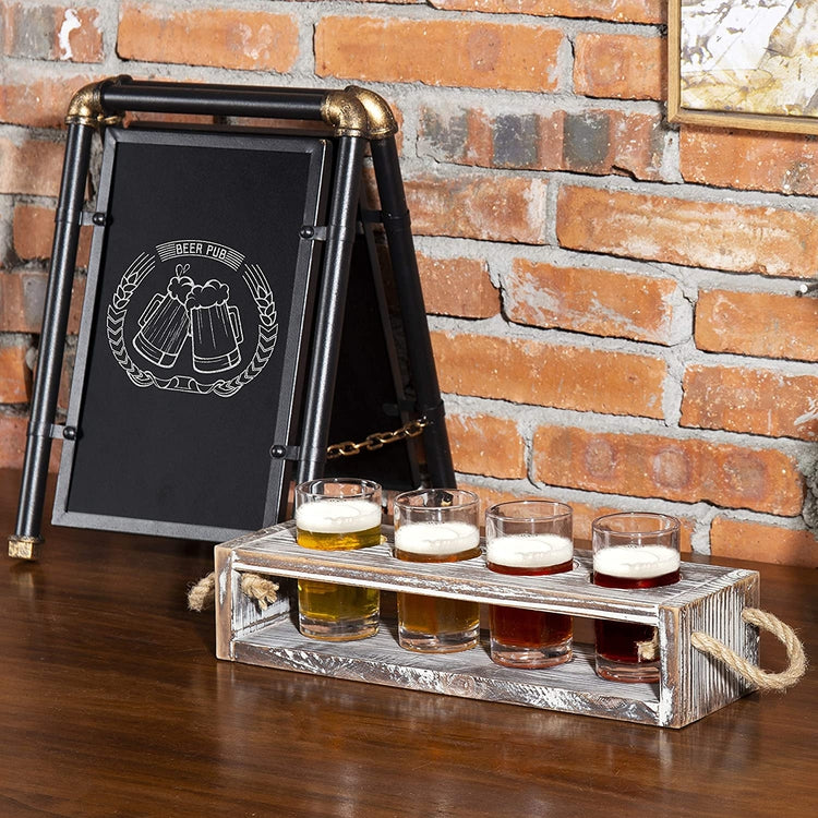 Rustic Torched Wood Beer Flight Serving Caddy with 5-ounce Glasses-MyGift