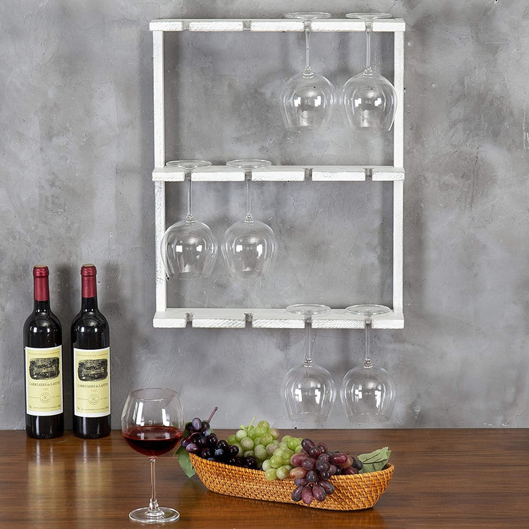 White Wood Wall-Mounted Wine Glass Holder, Inverted Stemware Display-MyGift