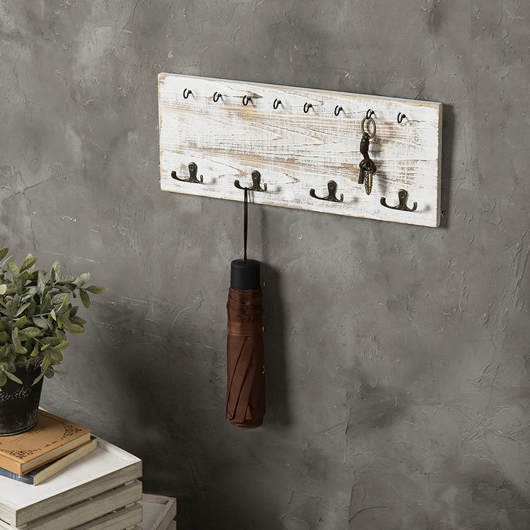Vintage Whitewashed Wood Wall Mounted Coat Hook and Key Holder Rack-MyGift