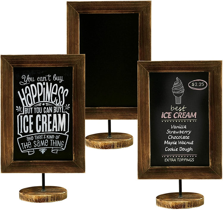 Set of 3, Rectangular Burnt Wood Frame, Countertop Chalkboard Sign with Round Base-MyGift