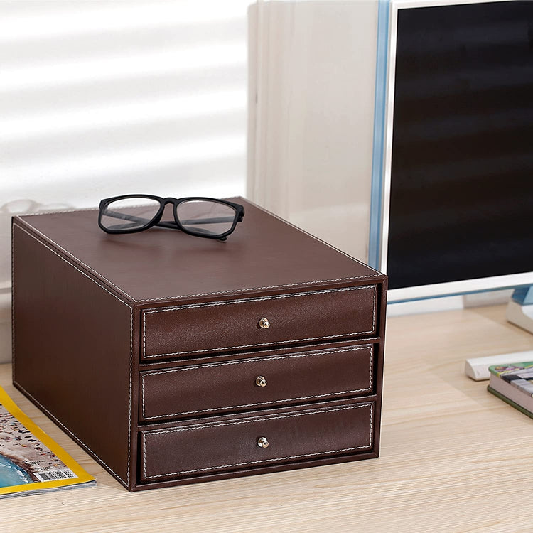 Brown, 3-Drawer Leatherette Office Filing Document, Cabinet Drawer Box-MyGift