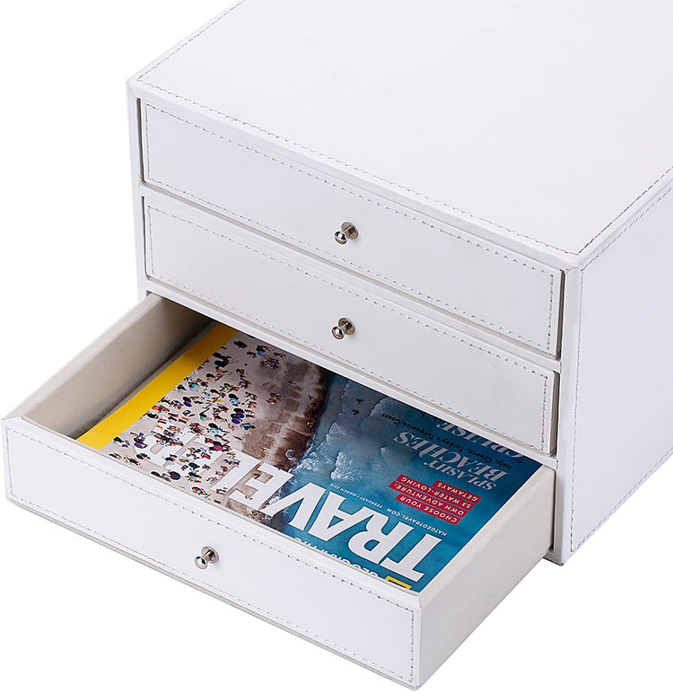 Executive 3-Drawer White Leatherette Office Filing Cabinet, Leatherette Jewelry Box-MyGift