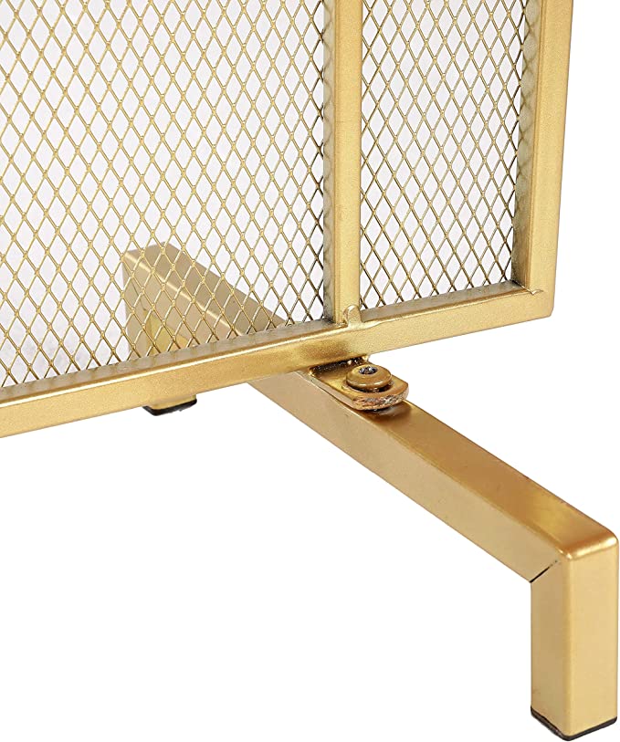 Gold Tone Metal Art Deco Single Panel Fireplace Screen, Freestanding Mesh Grate Fire Spark Guard Protector Cover, 39 x 31 Inch-MyGift