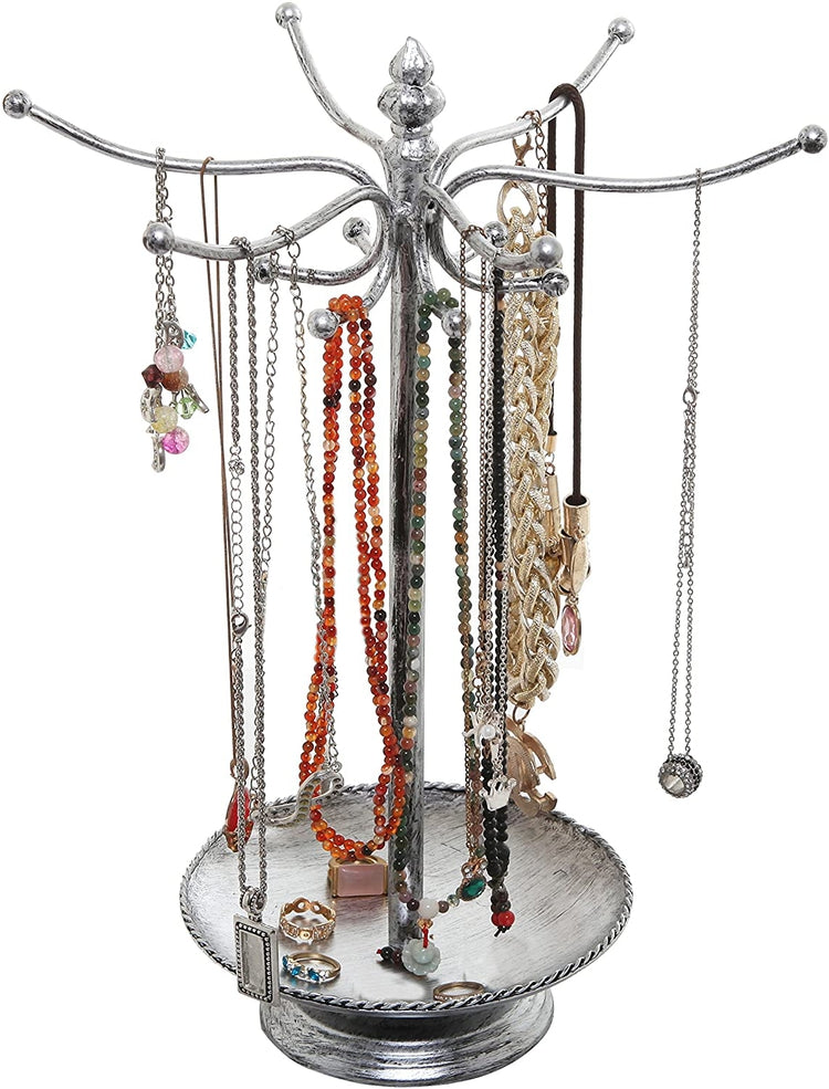Victorian Style Silver Metal Jewelry Organizer Rack Stand with Ring Dish Tray-MyGift
