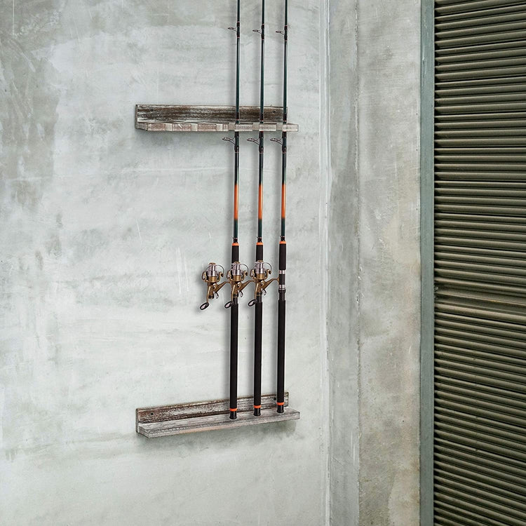 Torched Wood Vertical Fishing Pole Wall Storage Rack-MyGift