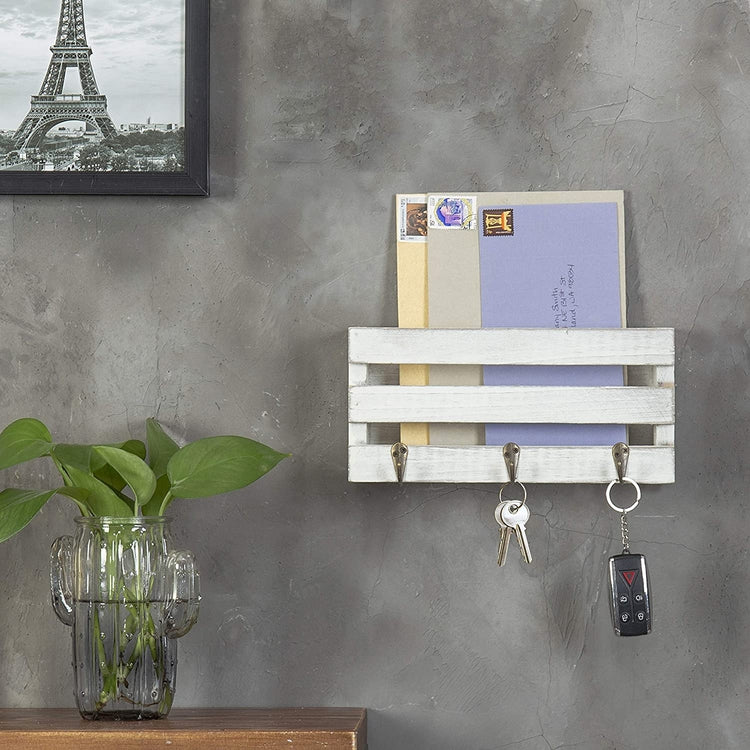 Vintage White Wall-Mounted Mini Crate Mail Sorter with 3 Key Hooks-MyGift