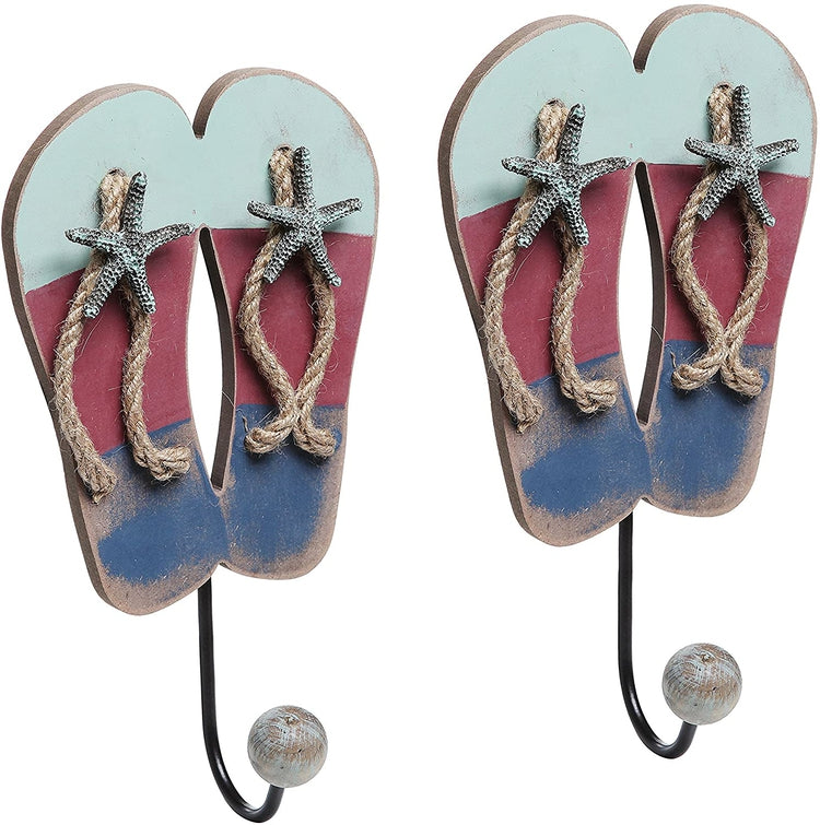 Tropical Beach Flip Flop Sandal Entryway Wall Hanging Ball Capped Coat/Towel Hooks, Set of 2
