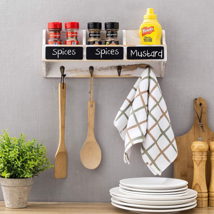 White Wood Spice Rack, Wall Mounted Kitchen Organizer Shelf with Chalkboard Labels, Utensil Hooks-MyGift