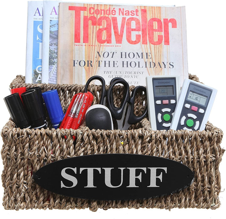 Beige Woven Seagrass Basket Organizer Shelf with 'STUFF' Letter Design, Desktop Multipurpose Storage Bin-MyGift