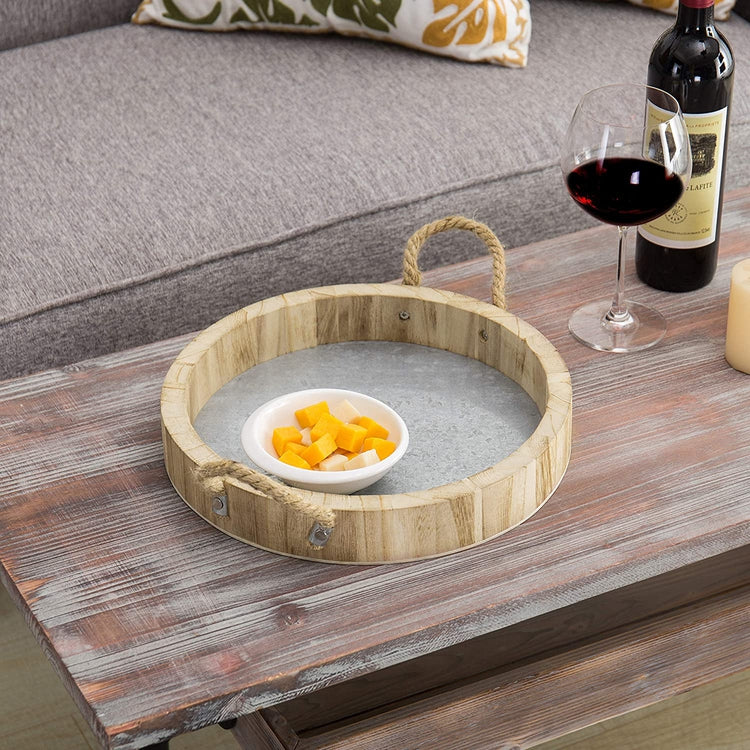 12-Inch Paulownia Wood and Galvanized Metal Round Serving Tray with Rope Handles-MyGift