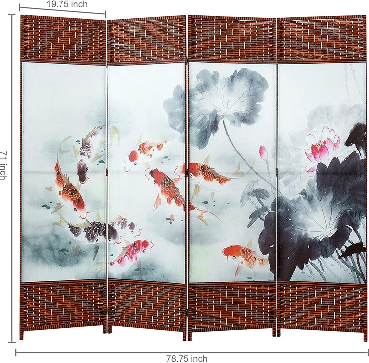 4 Panel Asian Koi Fish & Lotus Pond Woven Wood Room Divider-MyGift