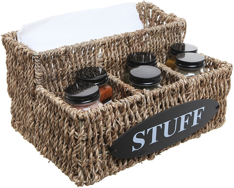 Beige Woven Seagrass Basket Organizer Shelf with 'STUFF' Letter Design, Desktop Multipurpose Storage Bin-MyGift