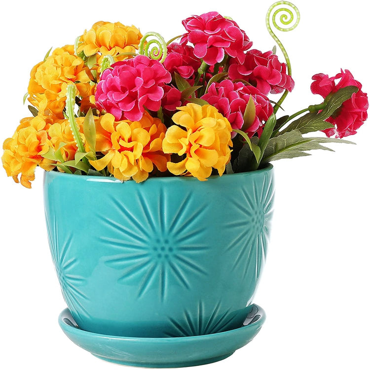 Aqua Sunburst Design Ceramic Round Flower Planters with Saucers