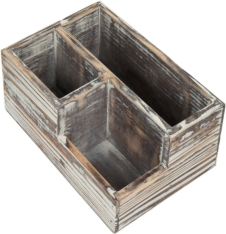 Torched Wood 3-Compartment Desktop Stationary Organizer, Remote Control and Media Storage Holder-MyGift
