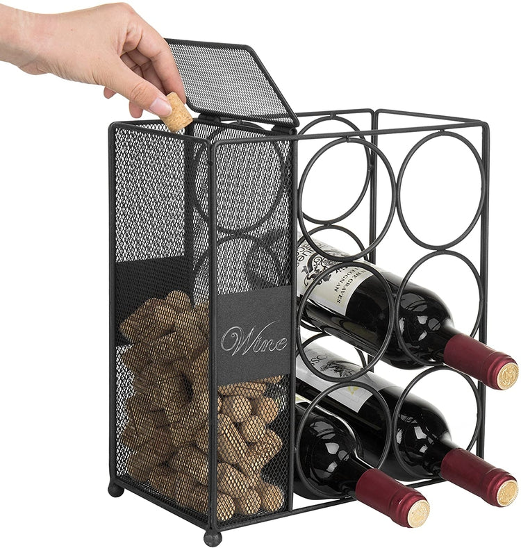 6-Bottle Black Wire Wine Rack with Mesh Cork Basket, Wine Bottle and Cork Holder w/ Chalkboard Labels-MyGift