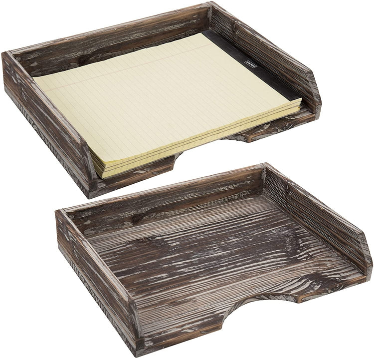 Set of 2 Rustic Torched Wood Desktop Stacking Document Trays-MyGift