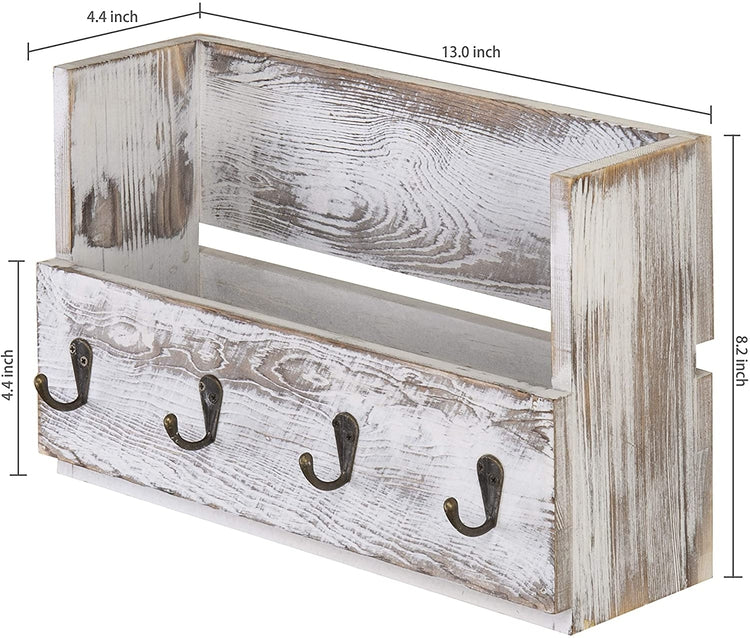 Wall-Mounted Wooden Mail Holder Organizer in Rustic Whitewash with 4 Key Hooks-MyGift