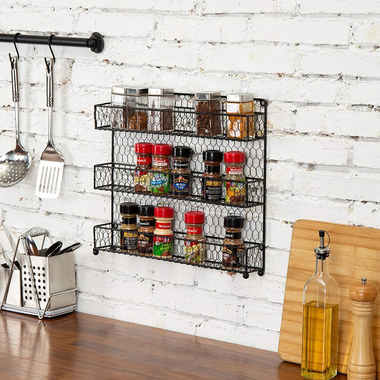 Black Wire Spice Rack, Wall-Mounted Organizer Shelves with 3 Tiers-MyGift