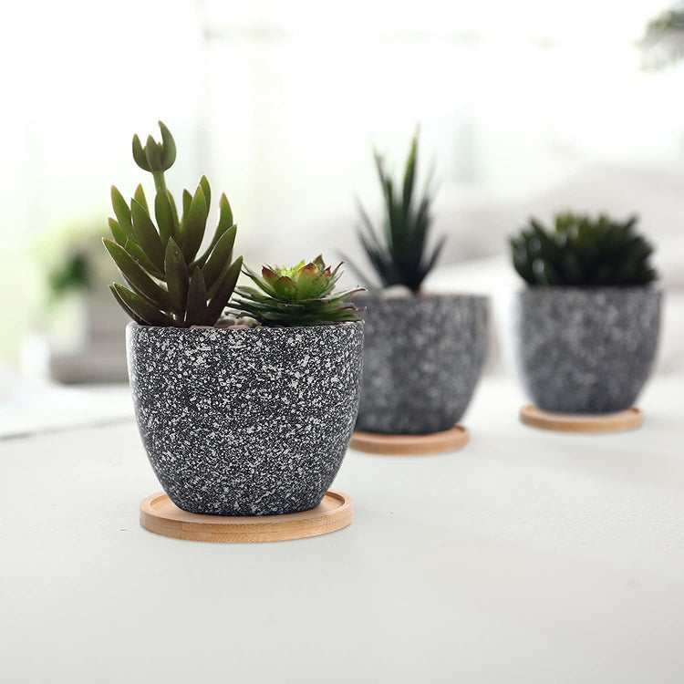 Set of 3 Dark Gray Small Speckled Glaze Succulent Planter Flower Pot with Bamboo Saucers-MyGift