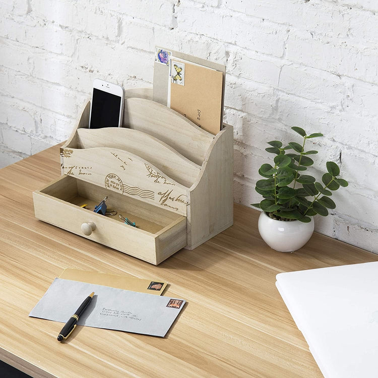 Postcard Design Whitewashed Wood Desktop Mail Holder with Drawer-MyGift