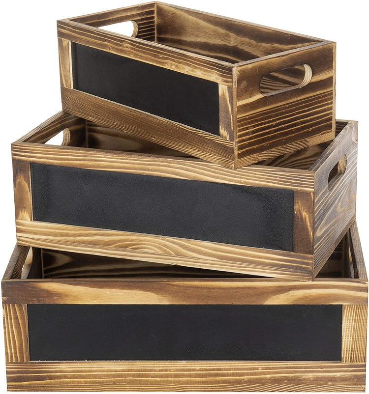 Set of 3 Rustic Burnt Wood Nesting Storage Crates with Chalkboard Panels-MyGift