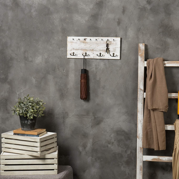 Vintage Whitewashed Wood Wall Mounted Coat Hook and Key Holder Rack-MyGift