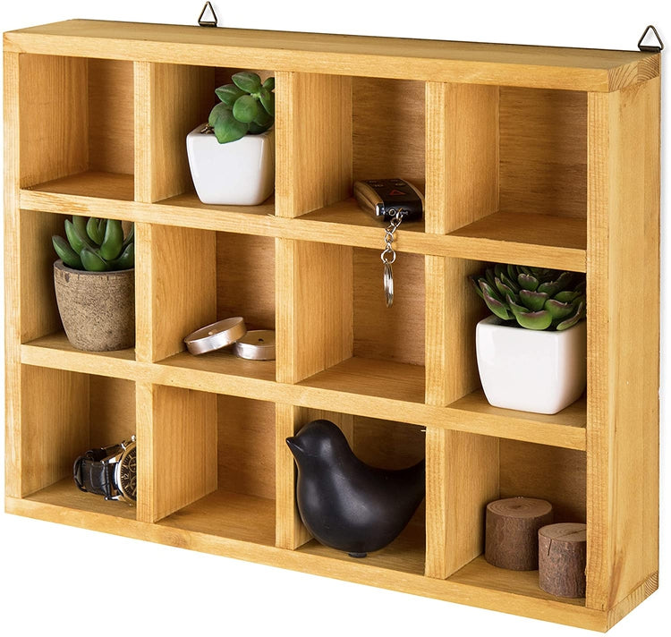 Wooden Freestanding, Wall Mounted 12 Compartment Shadow Box, Display Shelving Unit-MyGift