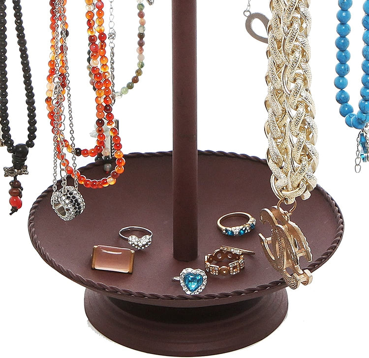 Brown 12 Hook Metal Jewelry Organizer Tree with Ring Dish Tray, Vintag