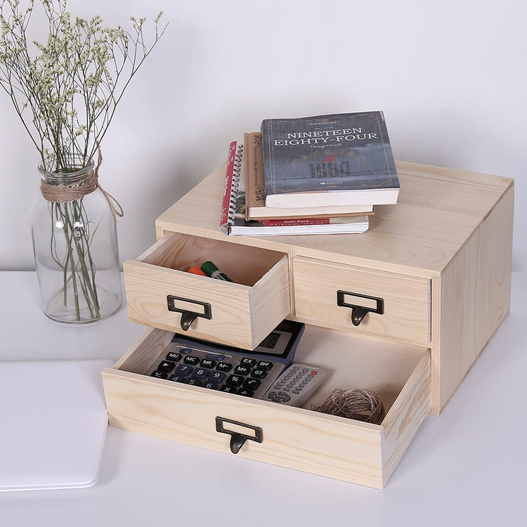 3Drawer Natural Wood Office Storage Drawer Desktop Organizer Shelf