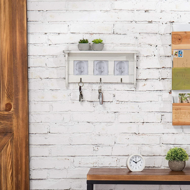 16-Inch Wall-Mounted White Wood Display Shelf with 3 x 3 Picture Frames & Key Hooks-MyGift