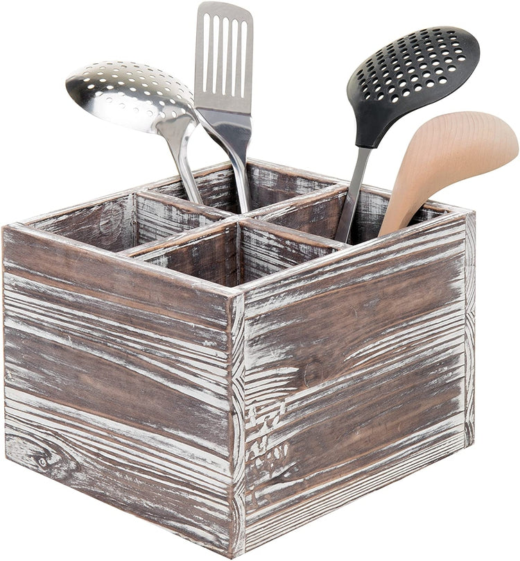 Rustic Torched Wood Cooking Utensil Holder, 4-Compartment Flatware Caddy-MyGift