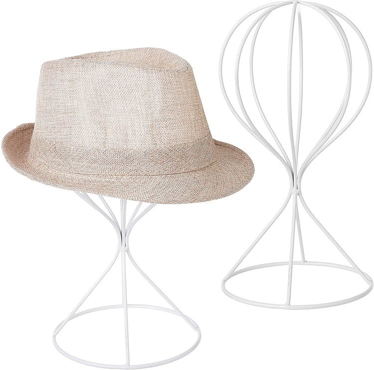 Set of 2, Modern Wire Design Metal Hat and Cap Rack Display Stands, White Dresser Wig Holders-MyGift
