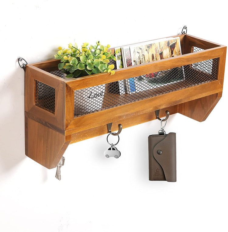 16-inch Rustic Wood & Wall Mounted Storage Mesh Basket Rack with 3 Metal Hooks-MyGift