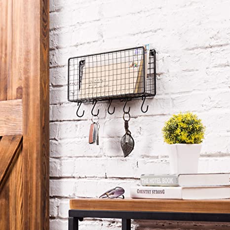 Wall Mounted Modern Black Metal Mail Holder Organizer, Mail Sorter with 5 Removable S-Hooks-MyGift