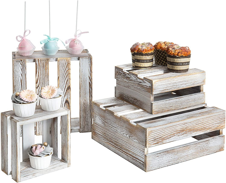 Set of 4, Whitewashed Wood Nesting Riser Stands, Wood Storage Crates-MyGift