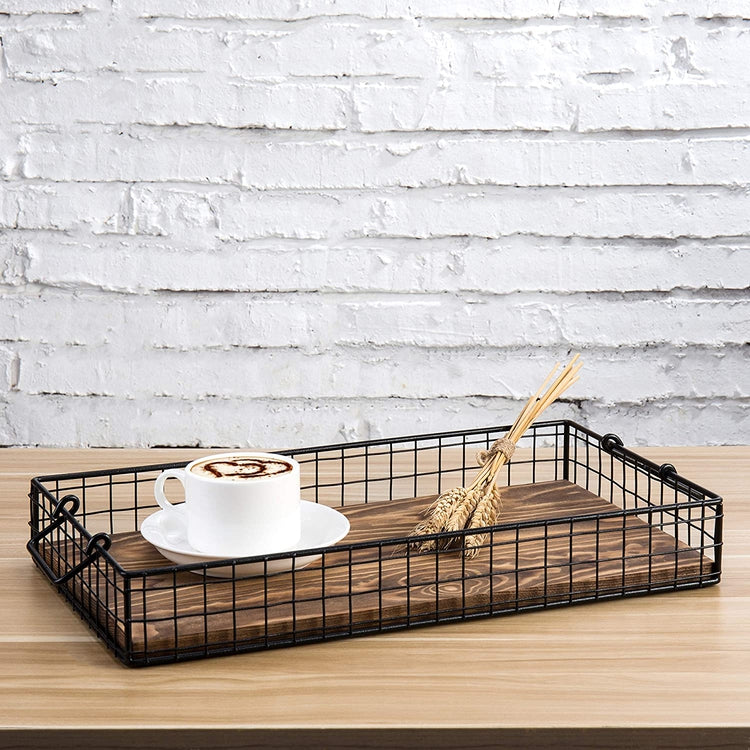 Set of 2, Rustic Black Metal Wire & Brown Wood Nesting Serving Trays with Handles-MyGift