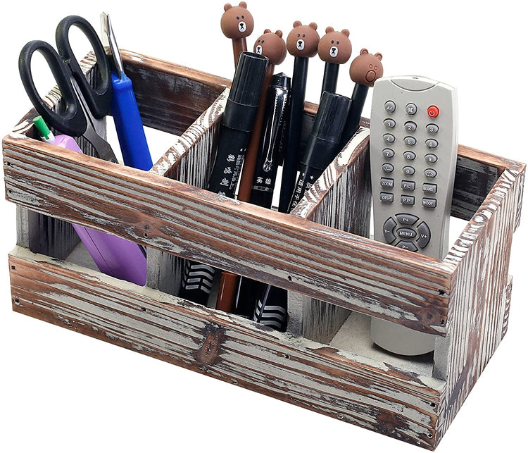 Torched Wood Desktop Office Supplies with 3-Compartments, Caddy Desk Organizer Storage Holder-MyGift
