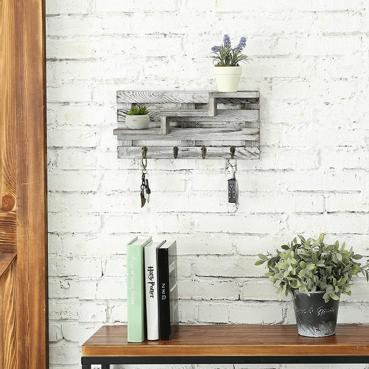 Rustic Gray Torched Wood Accent Wall-Mounted Shelf with Key Hooks-MyGift