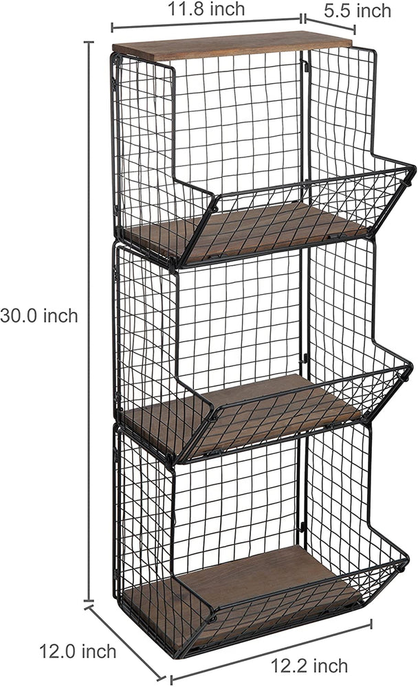 3-Tier Black Metal Wire Wall-Mounted Produce Baskets, Storage Bins with Wood Bases-MyGift