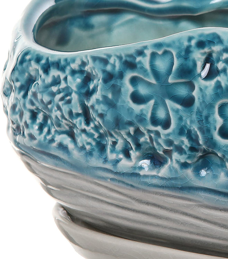 Turquoise & Gray Clover Design Ceramic Flower Pot, Decorative Centerpiece Planter with Saucer-MyGift
