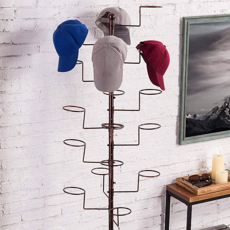 Dark Brown Metal Freestanding Retail Display Stand with 20 Circular Hooks for Hats and Wigs-MyGift