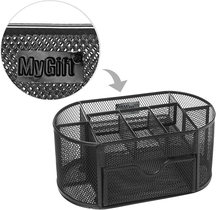 Black Metal Desktop Organizer, Wire Mesh Office Supply Caddy with Drawer & 8 Compartments-MyGift