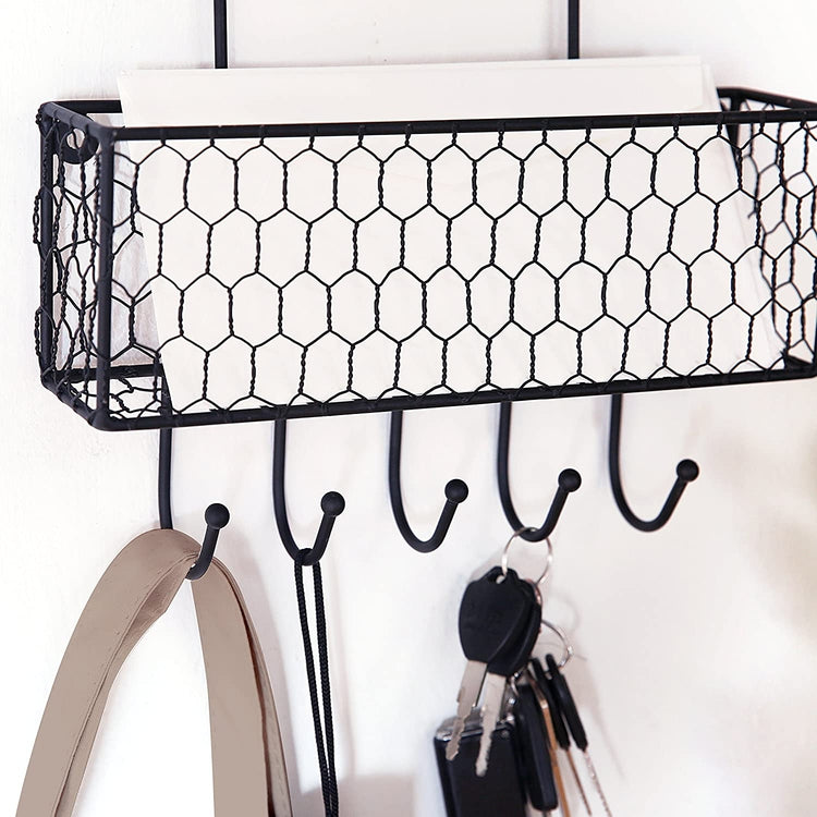 2 Tier Wall Mounted Black Metal Chicken Wire Hanging Baskets with 5 Key Hooks