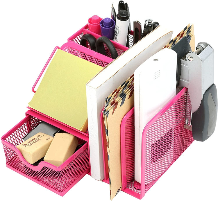 Magenta Metal Mesh Office Supply Storage Rack w/ Sticky Note Memo Pad Holder-MyGift
