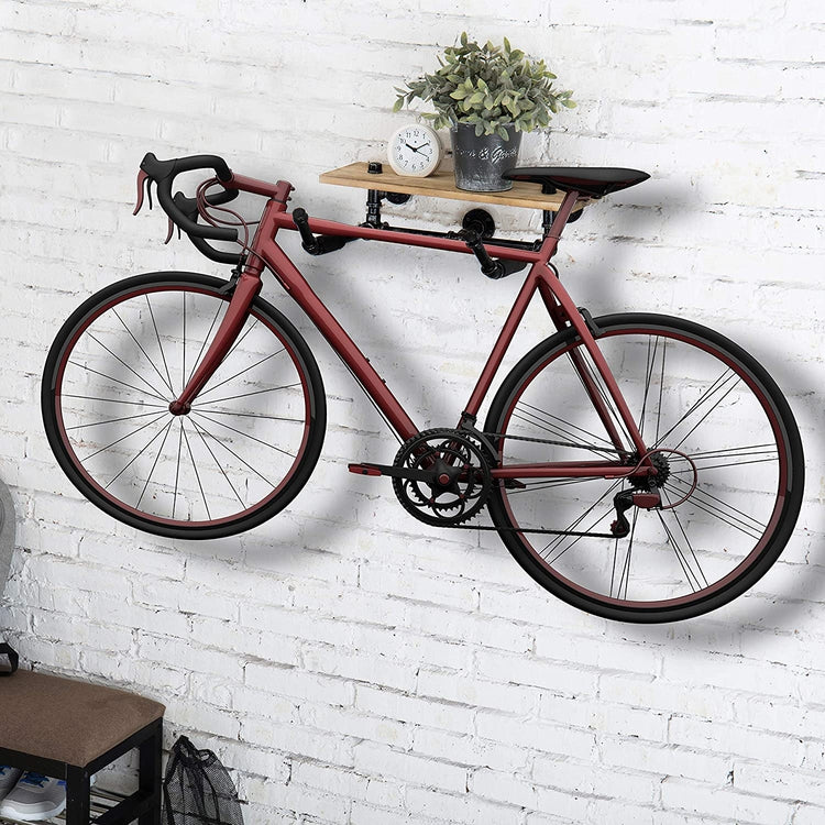 Wall Mounted Pipe Metal Bike Rack, Bicycle Display with Rustic Wood Shelf-MyGift