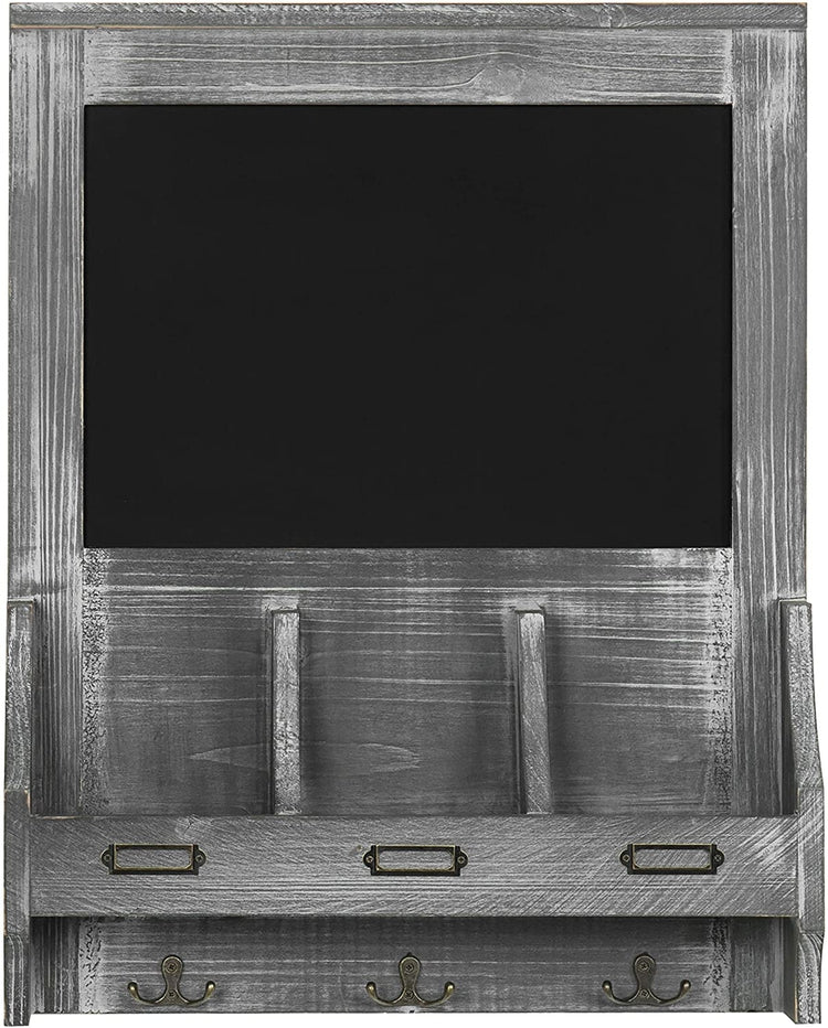 Graywashed Wood Wall-Mounted Entryway Organizer Rack with Key Hooks, Storage Slots and Chalkboard-MyGift