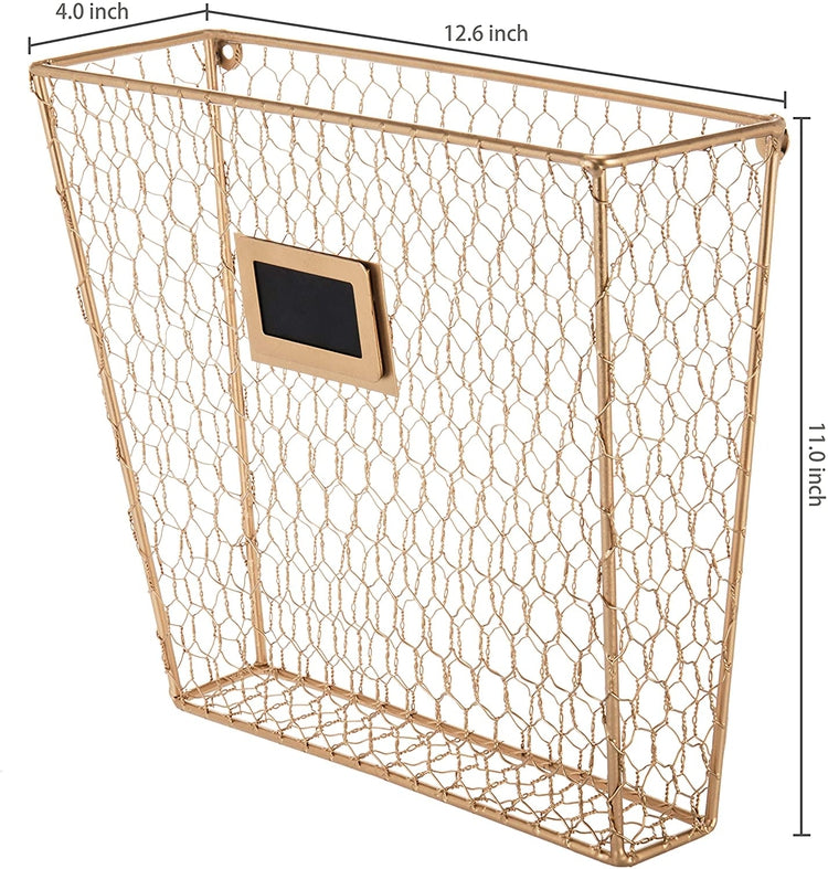 Set of 3 Gold-Tone Metal Wall-Mounted Chicken Wire Magazine & File Folder Baskets-MyGift