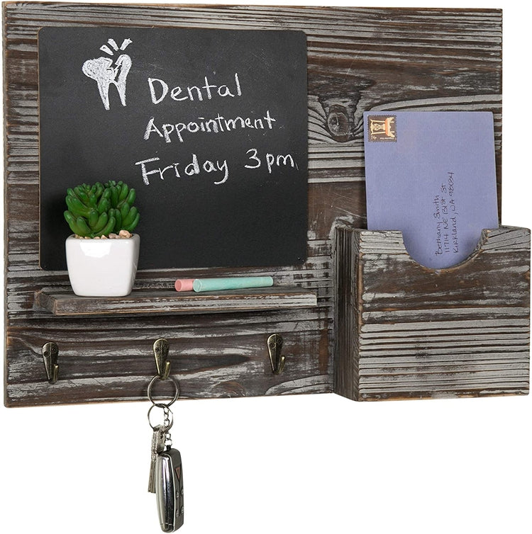 Rustic Torched Wood Wall Mounted Massage Board Organizer with Key Hooks and Chalkboard, Entryway Organizer or Mail Sorter-MyGift