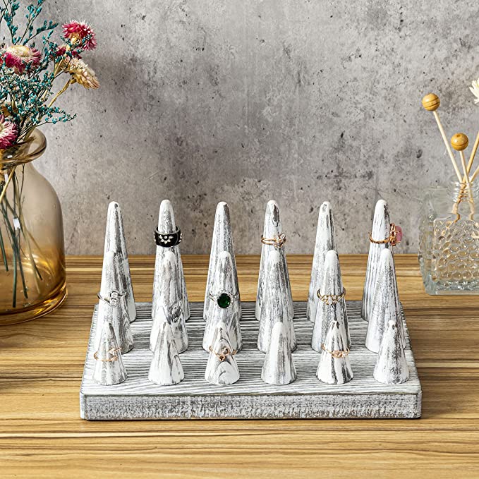 Vintage Style Whitewashed Wood Ring Cone Holder, Finger Stand Jewelry Display Tray-MyGift