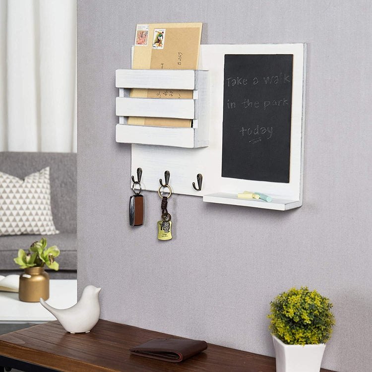 Vintage White Hanging Mail Sorter Rack with Chalkboard & 3 Key Hooks-MyGift